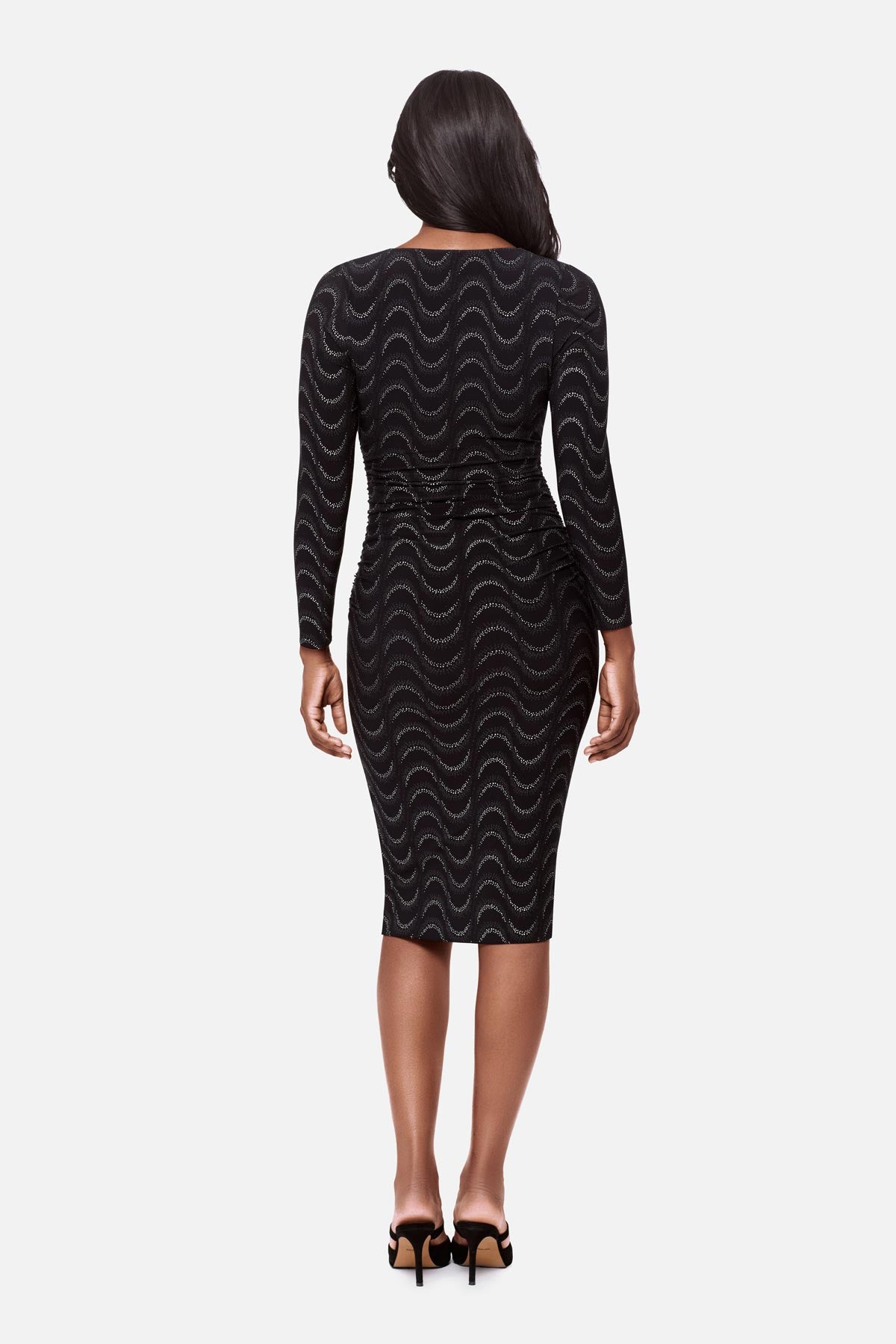 slinky long sleeve midi dress Essex- Slinky Long Sleeve Collared Midi Dress With Front Twist