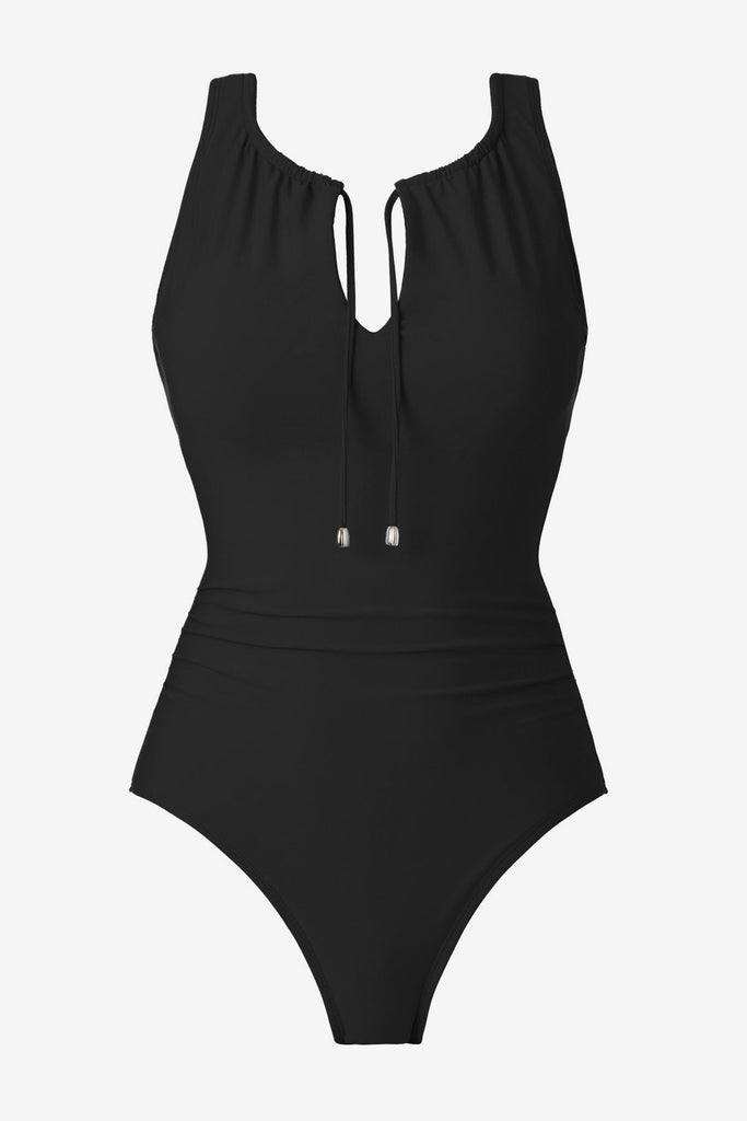 Black one-piece swimsuit with tie detail at the neckline