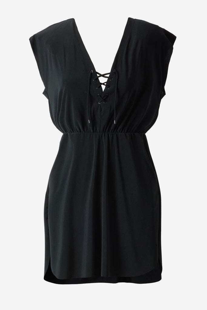 Black swim dress cover up with short sleeves and lace up front