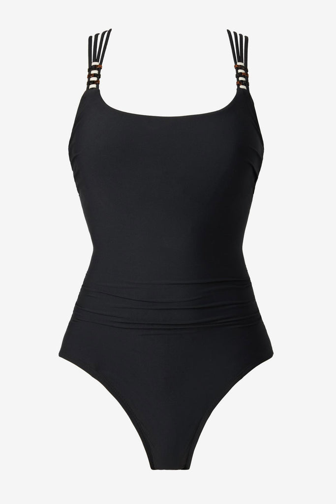 Black one-piece swimsuit with beads on the straps