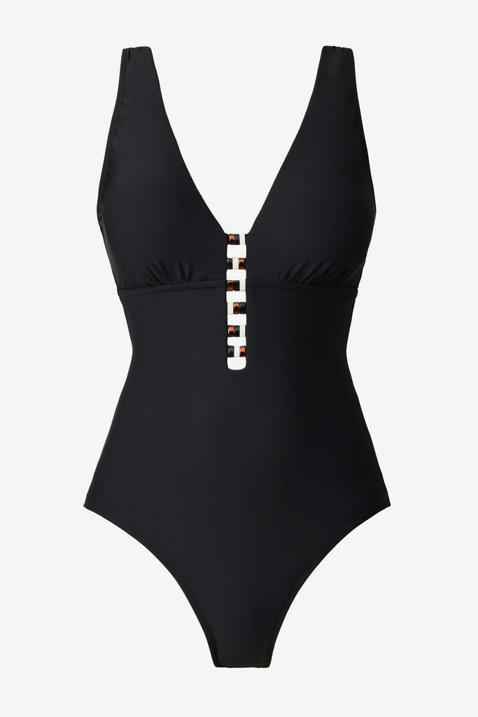 Black one-piece swimsuit with beading down the front