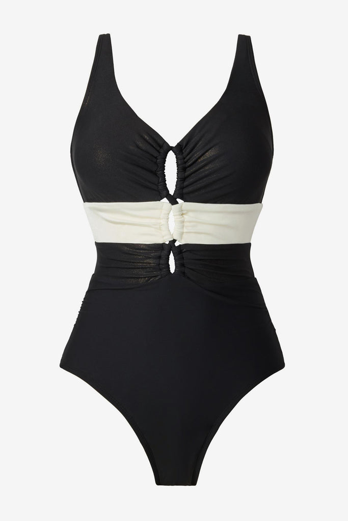 Black one-piece swimsuit with a white stripe in the middle