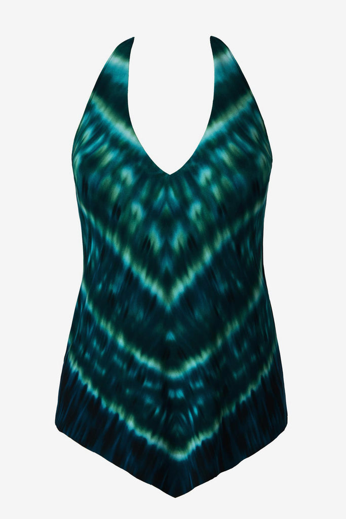 Green tie-dyed tankini top with a v-neck