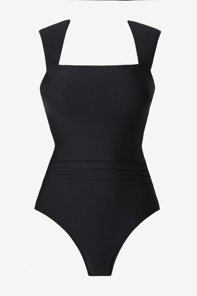Black one-piece swimsuit with short sleeves