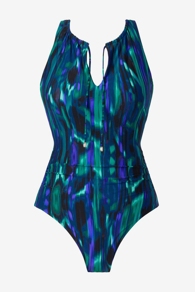 Green tie-dyed one-piece swimsuit with a tie at the neckline