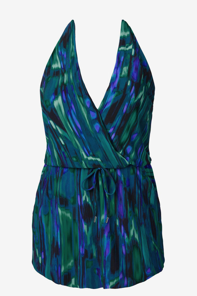 Green and blue pattern swim dress with a deep v neck