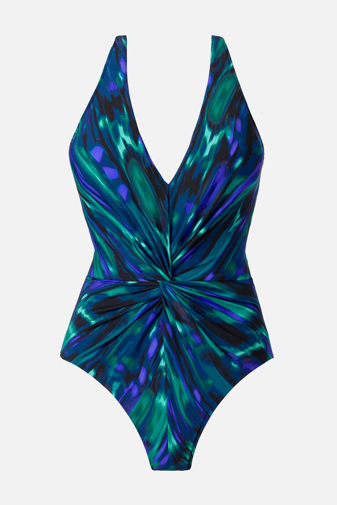 Blue and black tie-dye printed swimsuit with ruching in the middle