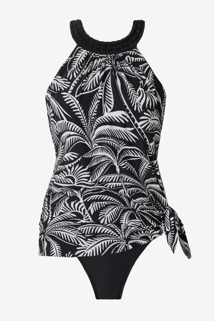 Black and white palm leaf printed swim dress with a tie on the side 
