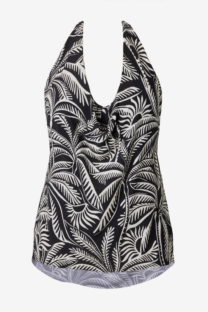 Black and white palm leaf printed tankini top with a V neckline
