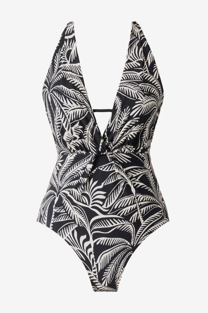 Black and white palm leaf printed one-piece swimsuit with a deep V neckline