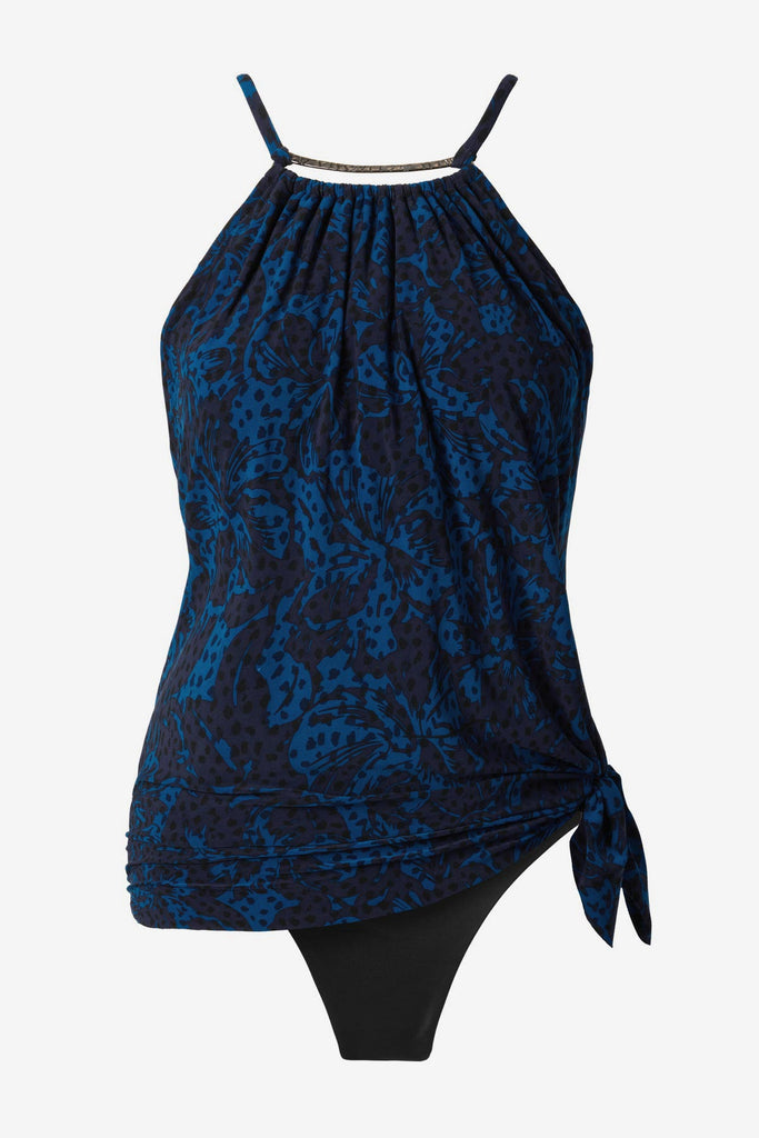 Black and blue one-piece swimsuit with a tie side and neckline detail