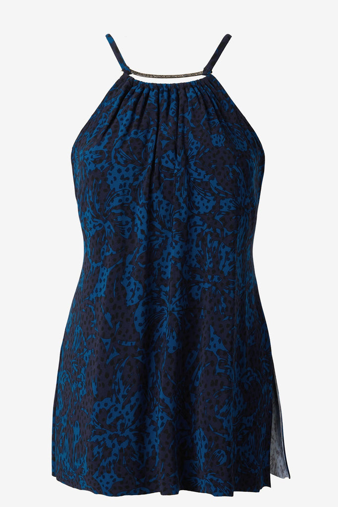 Black and blue one-piece swimsuit with a tie side down and neckline detail