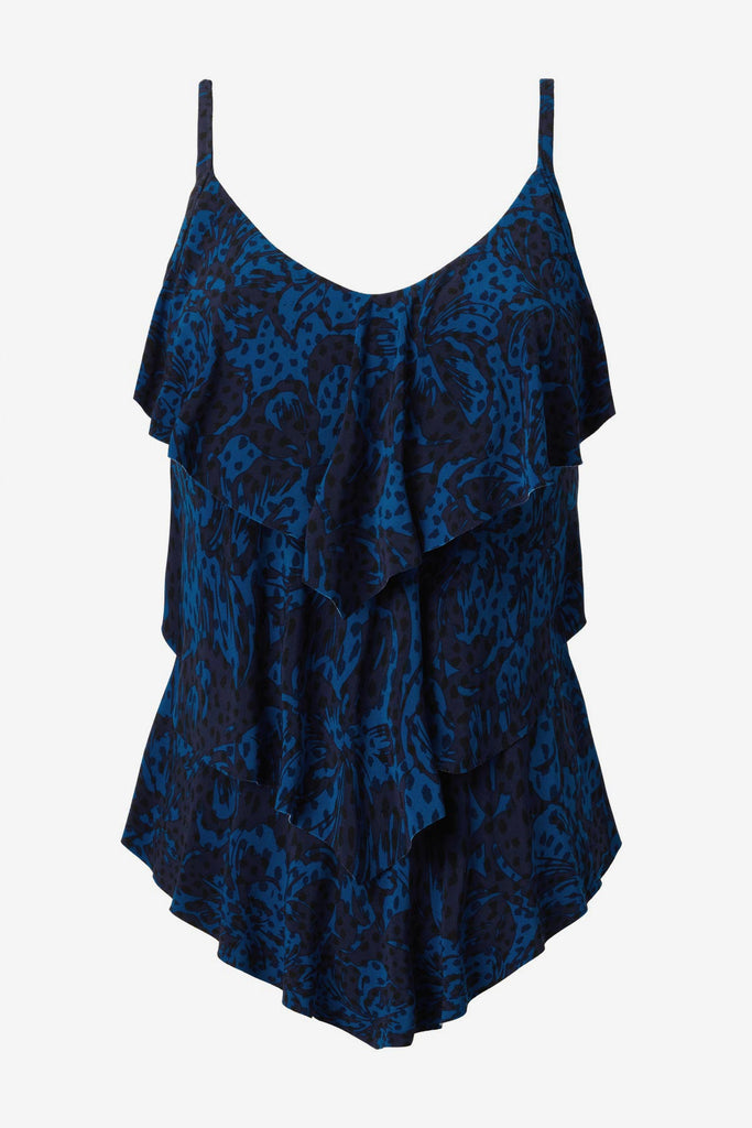 Black and blue tankini top with ruffles