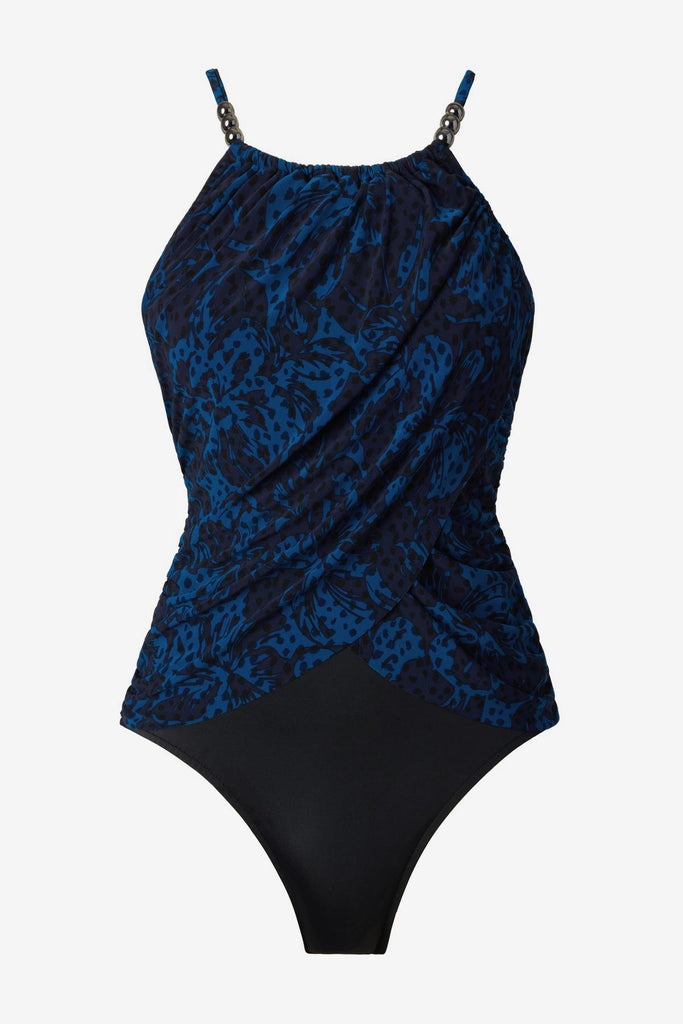 Black and blue printed one-piece swimsuit with beads on the straps