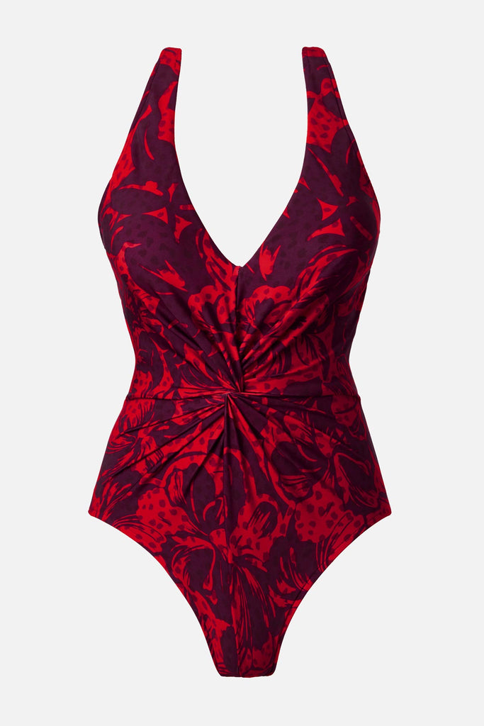 Red floral printed one-piece swimsuit with a V neckline