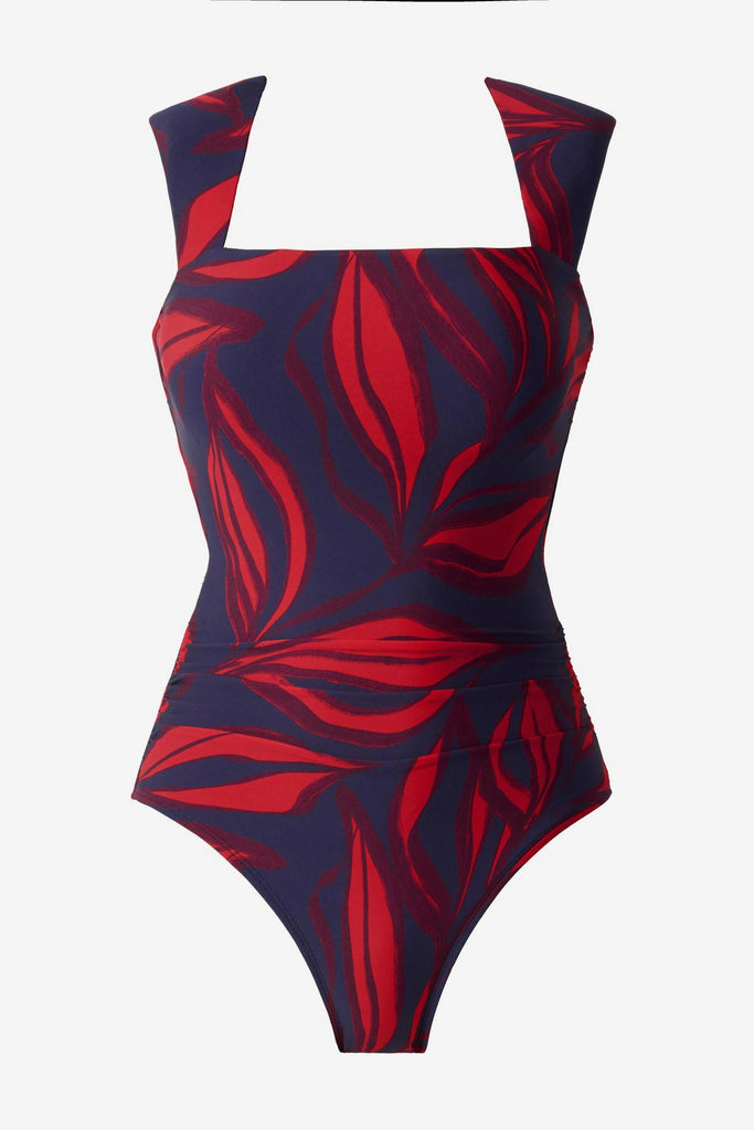 Red leaf printed one-piece swimsuit with short sleeves