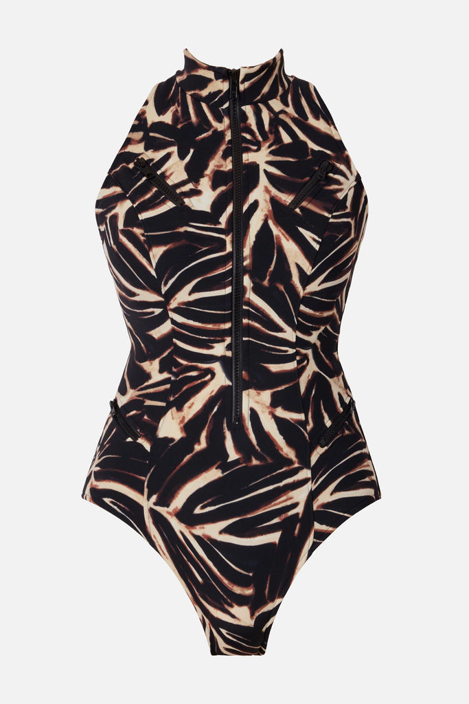 Abstract printed one-piece swimsuit with a zipper detail down the front