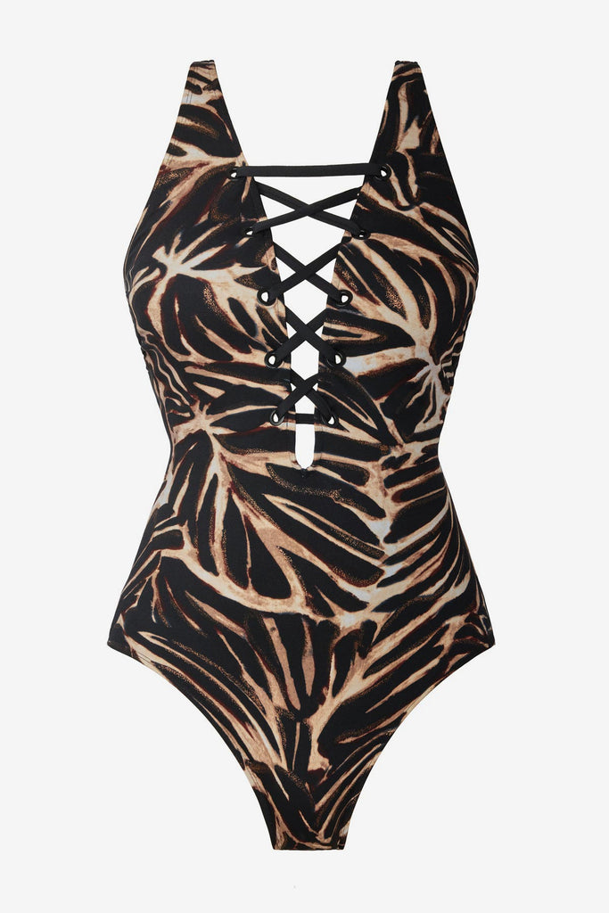 Brown leaf printed one-piece swimsuit with an X detail front