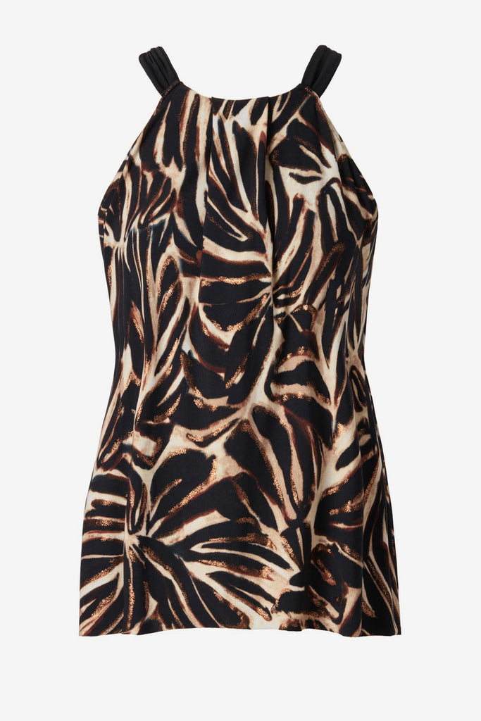 Brown leaf printed tankini top with a high neckline