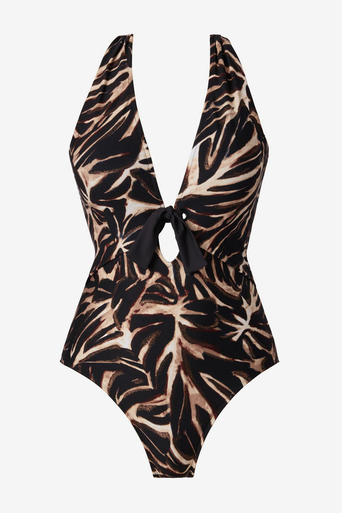 Brown leaf printed one-piece with a deep V neckline