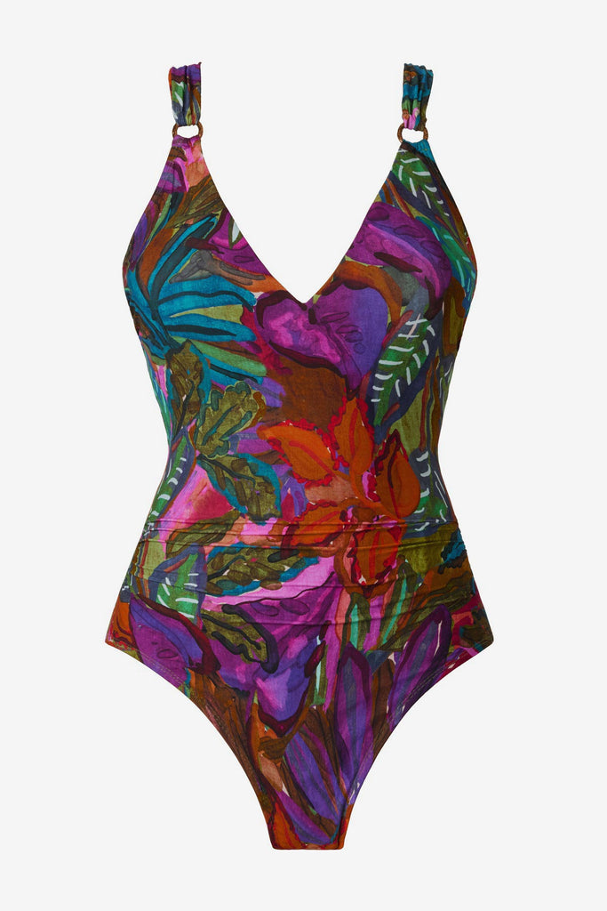 Multicolored jungle printed one-piece swimsuit with O ring straps