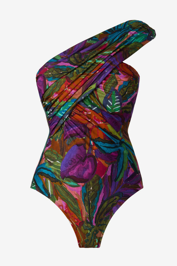 Jungle printed one-piece swimsuit with an asymmetrical neckline