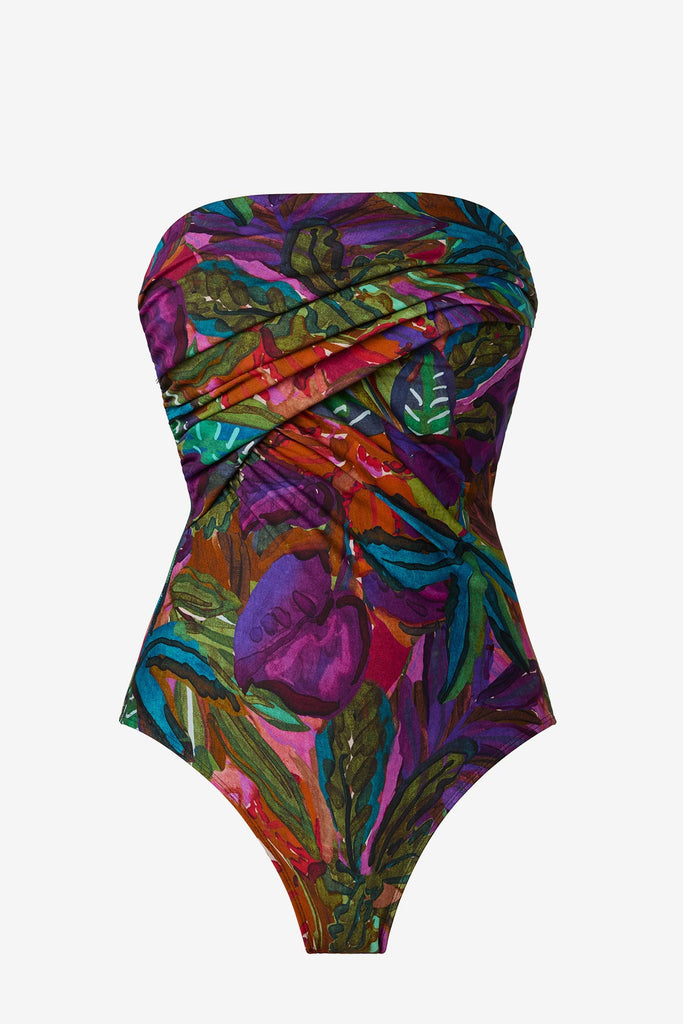 Jungle printed one-piece swimsuit with a bandeau neckline
