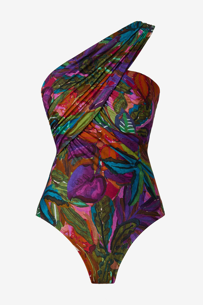 Jungle printed one-piece swimsuit with an asymmetrical neckline