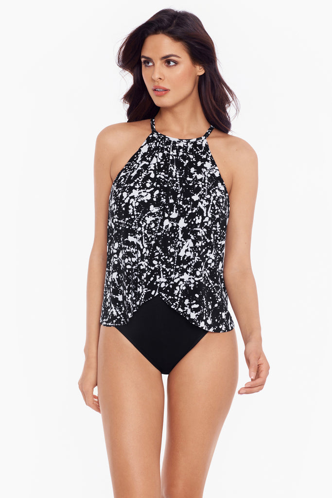 Woman in a high neck one piece swim suit.