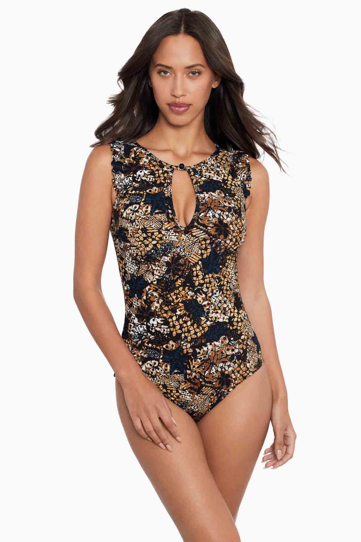 Woman in a one piece swim suit.