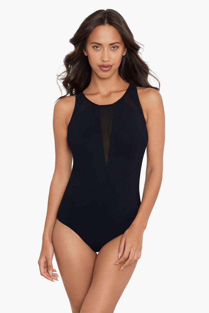 Woman in a high neck one piece swim suit.