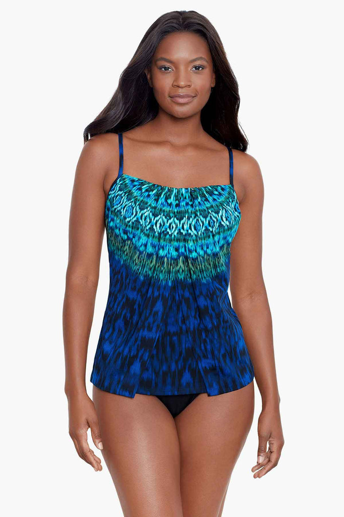 An african american woman wearing tankini swim suit.