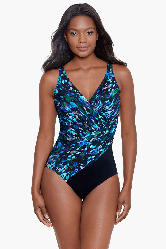 Woman wearing a stylish swim suit.