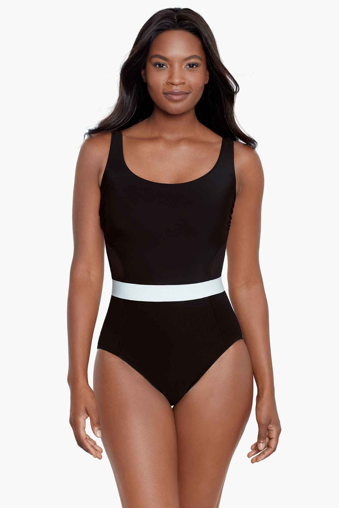 Woman in a one piece swim suit.